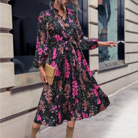 SHEIN Clasi Allover Floral Print Lantern Sleeve Belted Dress Size XL - Picture 1 of 8